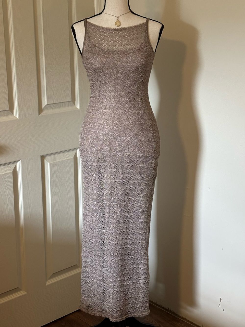 Vintage 90s Laundry by Shelli Segal Taupe Crochet Overlay Maxi Dress Size XS